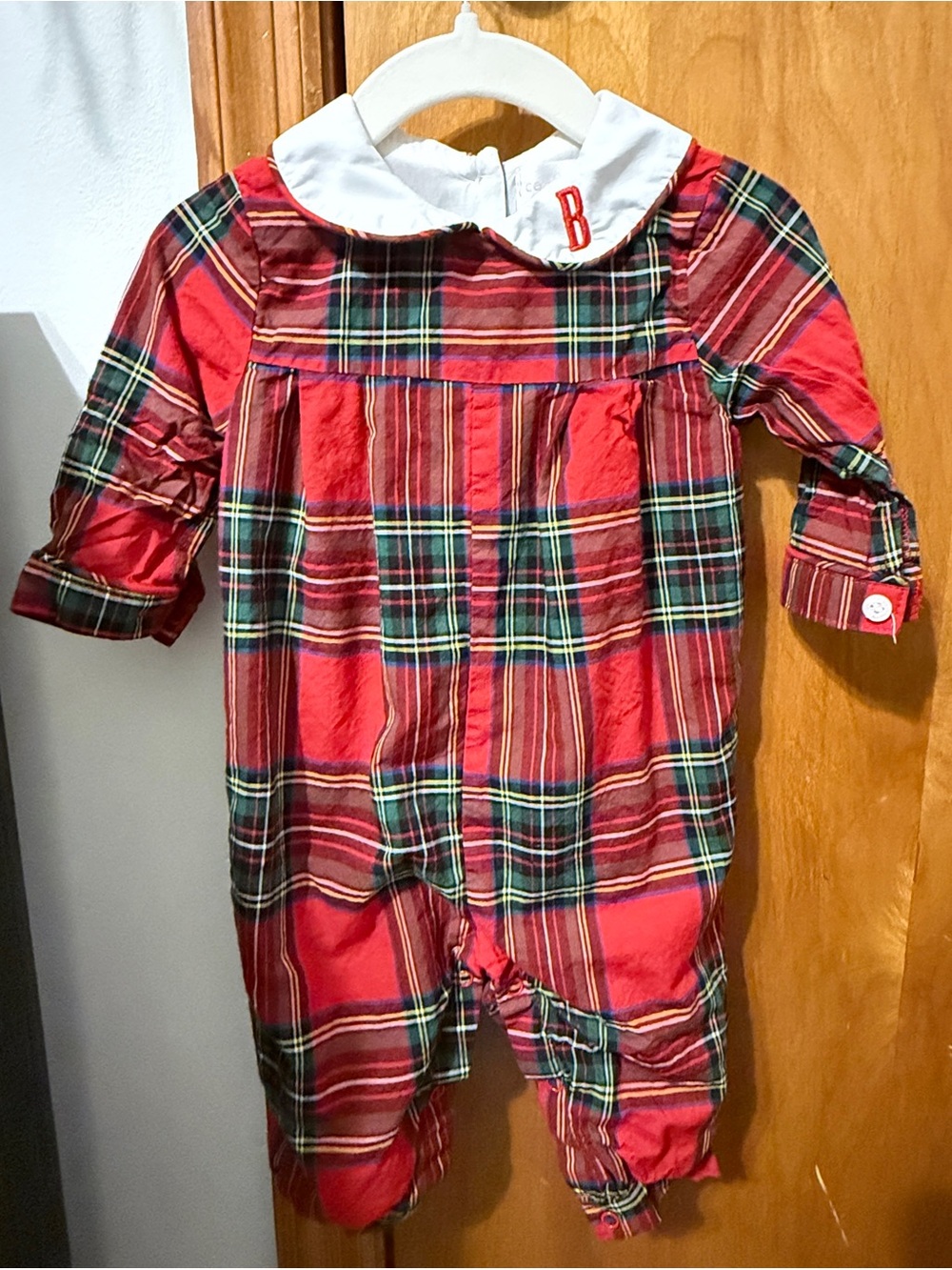 Cecil & Lou Red Plaid Christmas Long Romper 6M Peter Pan Collar Monogram B